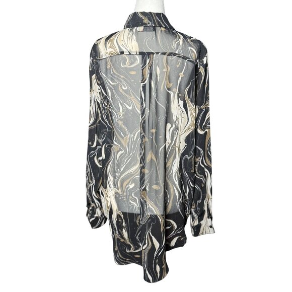 NEW Dress Forum Blouse S Long Sleeve Black Beige Print Dressy Sheer Button Up - Picture 3 of 12